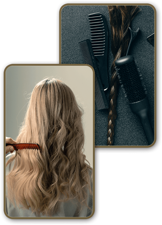 chica rubia siendo peinada + set de peines